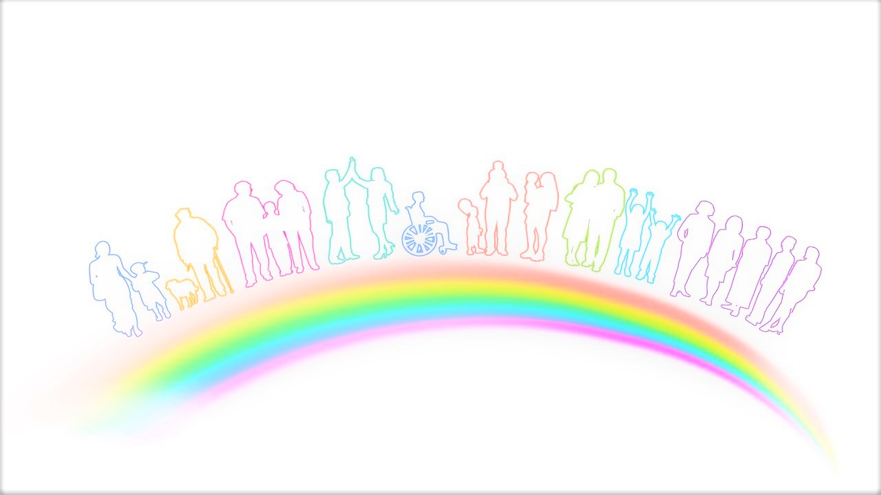 design avec un arc-en-ciel et des contours de personnes au dessus de l'arc-en-ciel